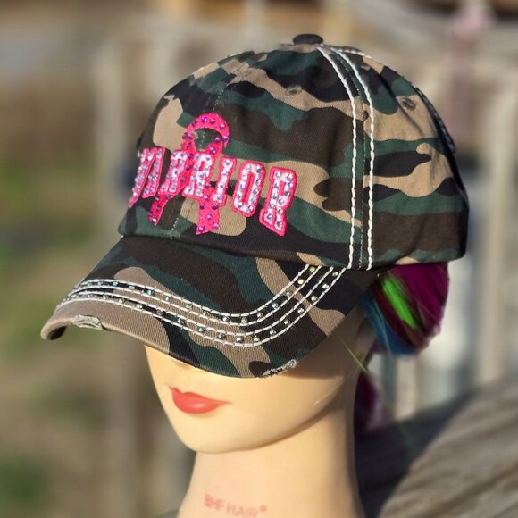 Ladies Camo & Pink Breast Cancer Warrior BLING Hat NEW - Picture 3 of 4